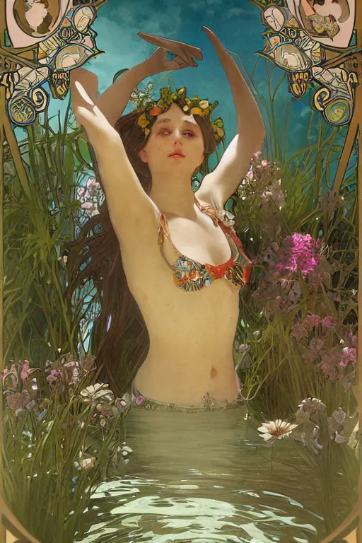 Image similar to summer swimming party, dark fantasy, composition by alphonse mucha, octane render