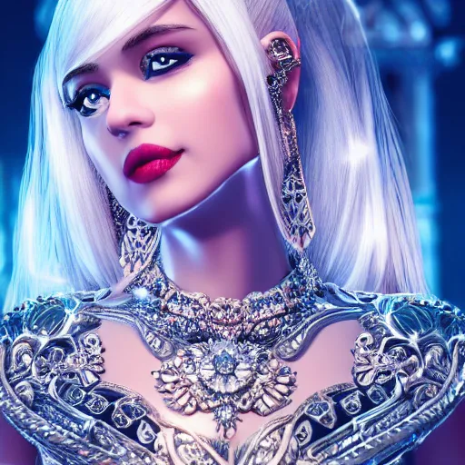 Prompt: portrait of pretty princess with white hair, beauty, ornate and intricate diamond jewelry, glowing, jaw dropping, ornate and intricate backdrop, white accent lighting, hyper detailed, 4 k octane render