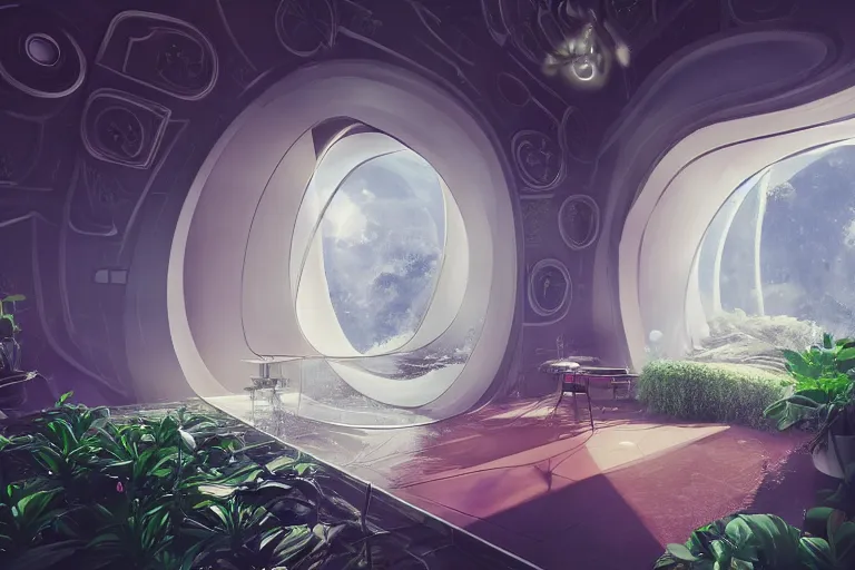 Image similar to extremely detailed awe stunning beautiful futuristic smooth curvilinear apartment interior, translucent orbs, hyper real, house plants, 8k, colorful, 3D cinematic volumetric light, atmospheric light, studio ghibli inspired, high contrast, epic composition, sci-fi, dreamlike, surreal, angelic,