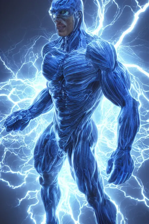 Image similar to photography of a hyper realistic highly detailed stunning expressive humanoid creature, controls complex and highly detailed blue lightning strikes as a super power. professionnal digital art, artstatiom, stuning, intricate, complex, unreal engine 5.