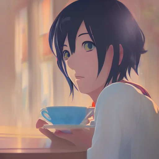 Image similar to beautiful closeup anime painting of a young woman with dark blue hair drinking tea, by makoto shinkai, kimi no na wa, artstation, atmospheric, high detail