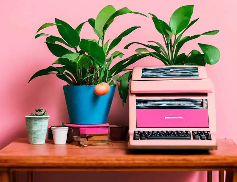 Prompt: 1 9 5 0 s risograph print of a retro computer on a table next to a potted plant, in shades of peach, pink, and teal gradient