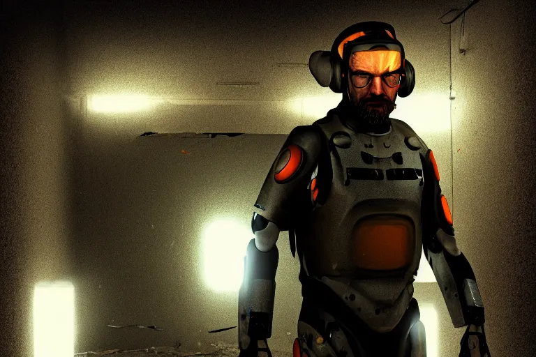 Image similar to photograph of gordon freeman in a damaged, scratched and worn down hev suit, night, rain, dense fog, dark room, cinematic, volumetric lighting, f 8 aperture, cinematic eastman 5 3 8 4 film, photorealistic