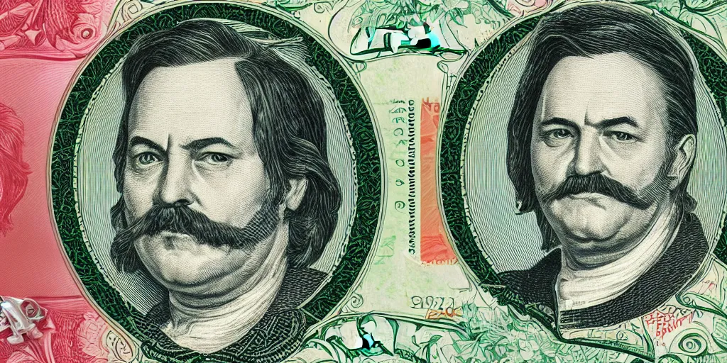 Image similar to an intricately detailed new dollar bill design containing a portrait of Bob Belcher