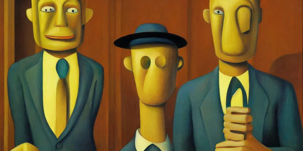 Image similar to salesman robot with shifty eyes portrait, grant wood, pj crook, edward hopper, oil on canvas