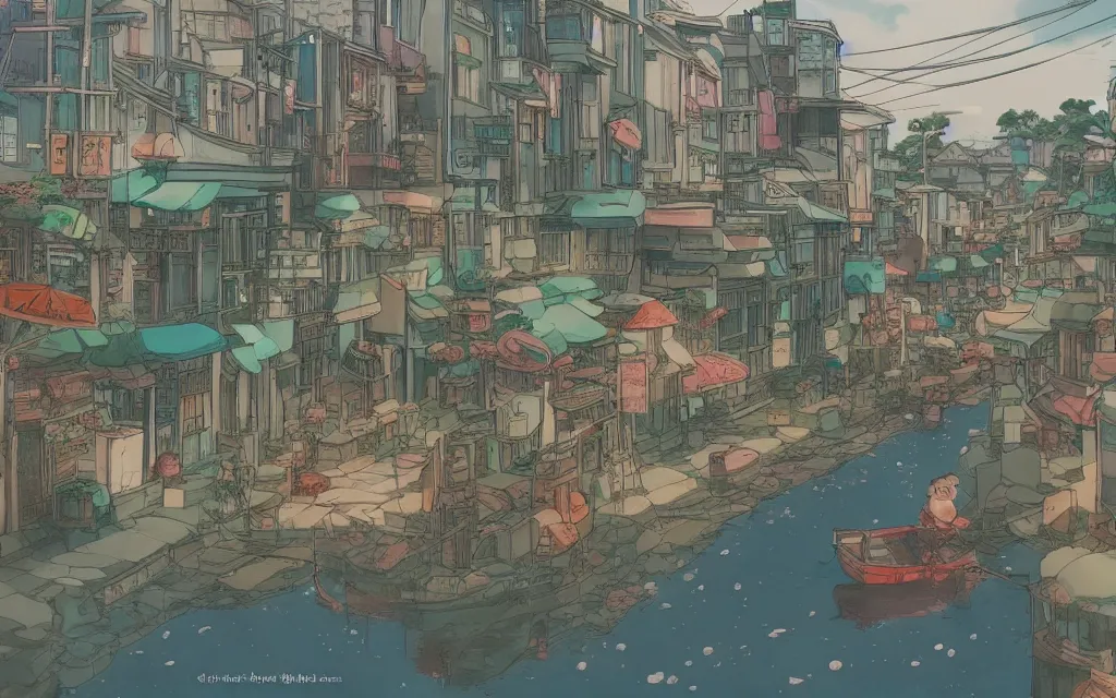 Image similar to a japanese city near the sea, lofi, dreamy, moody, very colorful, anime inspiration, ghibli vibe