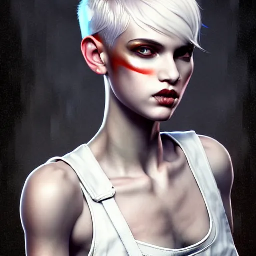 Image similar to full body pose, beautiful androgynous girl, white pixie cut hair, torn overalls, short shorts, combat boots, fishnets, beautiful, highly detailed face, true anatomy!, extremely detailed!, digital painting, unreal engine 5, art by tom bagshaw