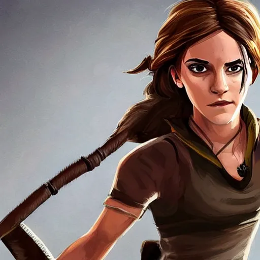 Image similar to emma watson teams up with lara croft, cartoon, rpg character, humblewood art style, concept art, fantasy