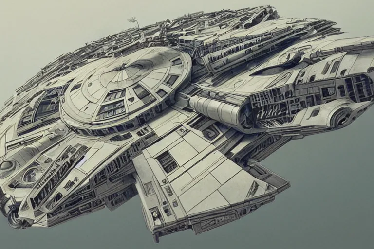 Image similar to the millenium falcon built from organic components, soft, sharp focus, detailed, sci-fi, hyperrealism, concept art by artgerm and Alphonse Mucha and Moebius