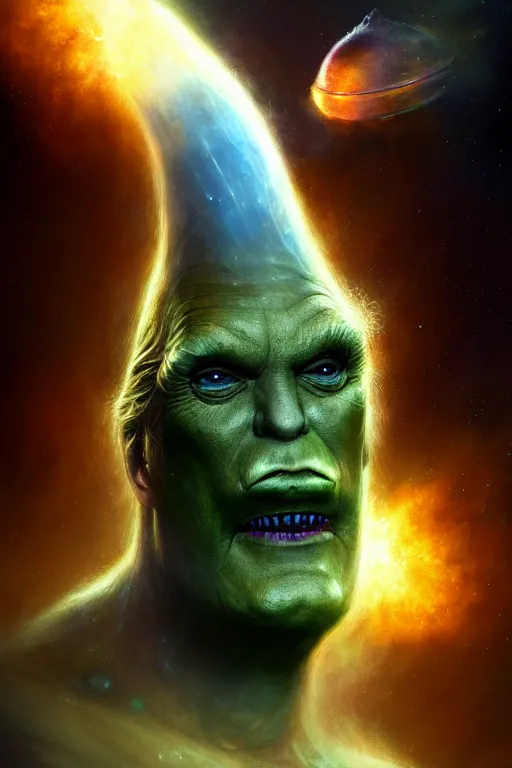 Prompt: the cosmic alien transcendent donaldtrump!!! that awaits you at the end of all of space and time. cinematic, stunning, robert galbraith, tom burke, strong, highly detailed, digital painting, artstation, smooth, hard focus, illustration, horror, art by jessica rossier and and brian froud