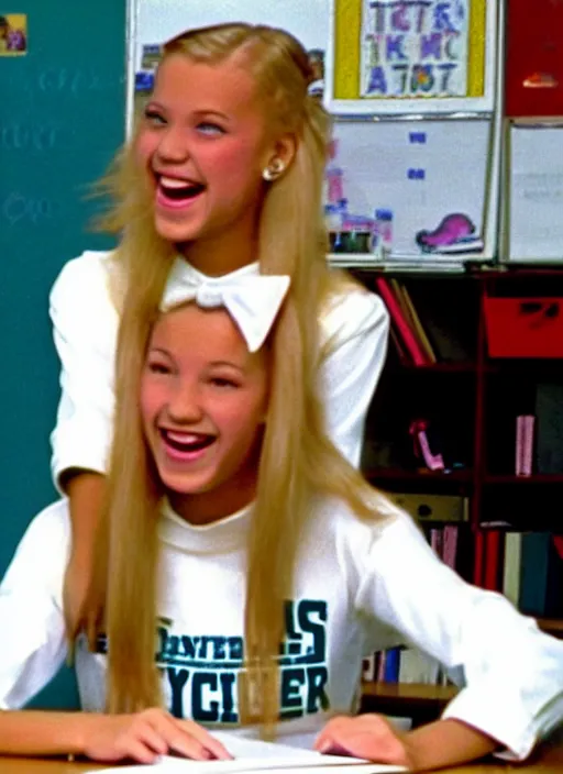 Prompt: VHS video still of a 1989, 18 year-old cheerleader sitting back at her desk, laughing and happy with long blonde hair, wearing her high school cheerleader uniform, in a science classroom