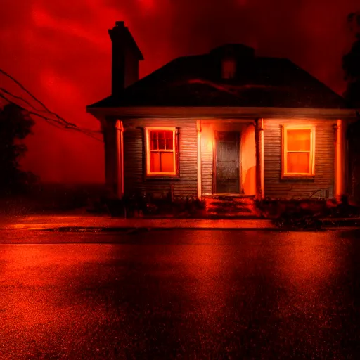 Image similar to a spooky monster house with glowing red eyes on a dimly lit street during a thunderstorm, cinematic, award winning horror photography