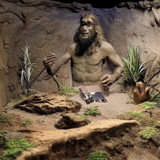 Image similar to natural history museum diorama of a caveman inspecting a ufo crash,