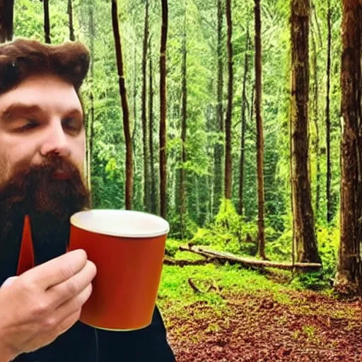 Prompt: dude drinking mug of hot coffee!!!!!!! in a mystical fantasy forest!!!!!!!!!