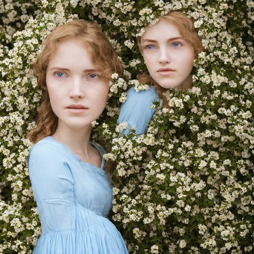 Image similar to portrait of a young lady in a light blue dress 1 9 0 0 s one entire face shown in great detail, singular person, in a beautiful garden, looking at the camera, full body in camera, blonde hair, garden, photorealistic, extreme detail, sharp focus, 8 k, intricate, hyper detailed, realistic, cinematic lighting