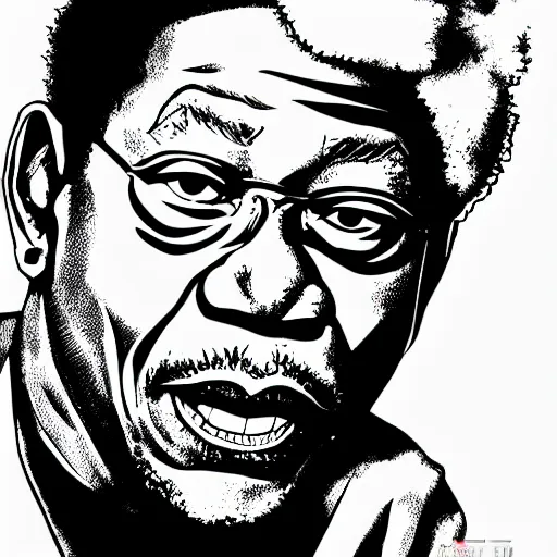 Image similar to morgan freeman, in the style of manga, black and white, highly details, serious, drawn by akira toriyama, trending on artstation