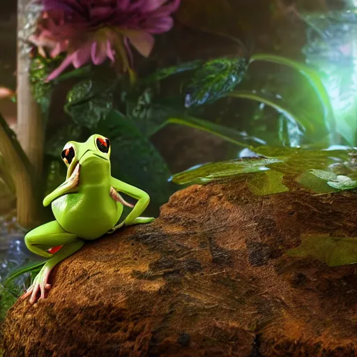 Image similar to a beautiful princess frog, in a dress, posing for a photo, cute, beautiful, girl, attractive, cinematic lightning, 8 k, octane render, matte painting,