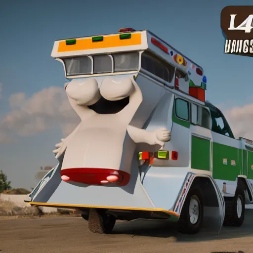 Image similar to big chungus meme, anthropomorphic ambulance shaped like big chungus, fat bugs bunny shaped ambulance, highly detailed 3 d render, unreal engine 5