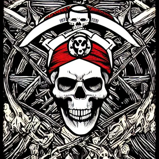 Prompt: a pirate flag, skull design for a rock band, art by Dan Mumford and Alex Pardee , intricate, D&D, dark fantasy,