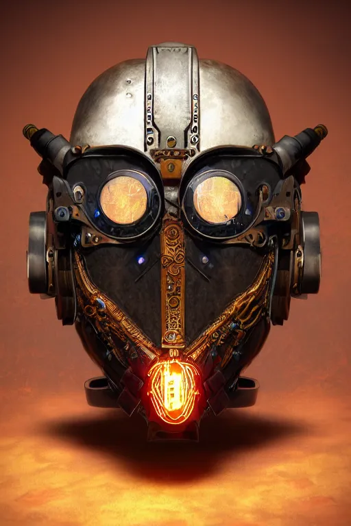 Image similar to steampunk mask minimalist fantasy art robot ninja helmet, global illumination ray tracing hdr fanart arstation by sung choi and eric pfeiffer and gabriel garza and casper konefal radiating a glowing aura