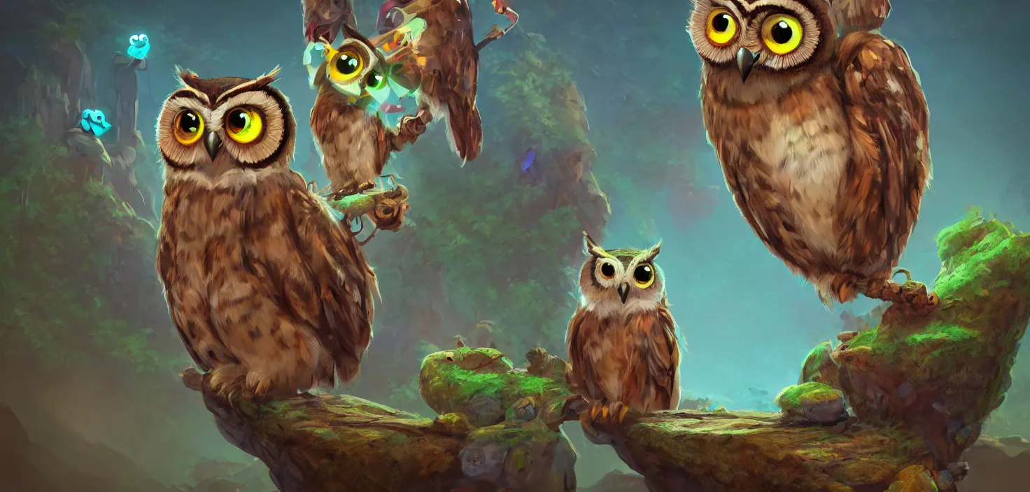 Prompt: owl magic mountain, cute friendly crazy owl with beauty eyes sitting on rock, in the style of craola, shallow depth of field, highly detailed, digital painting, trending artstation, concept art, illustration, cinematic lighting, vibrant colors, photorealism, epic, octane render