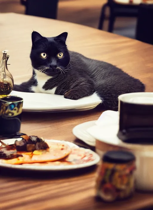 Image similar to photograph of a fat cat lying on a restaurant table 4k, high details, trending on Artstation