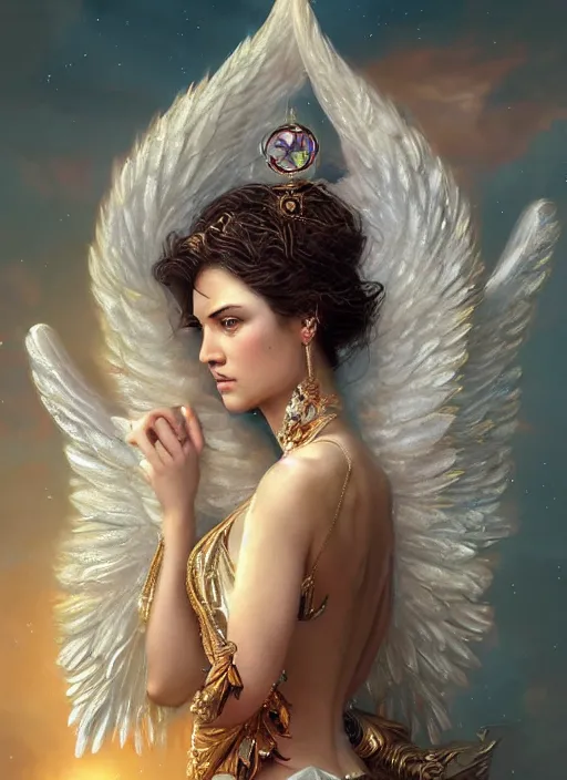 Image similar to A beautiful digital painting of a female angel full of jewels, princess, the moon behind her, intricate, cinematic lighting, highly detailed, digital painting, Artstation, concept art, smooth, sharp focus, illustration, art by Tom Bagshaw, Artgerm and Greg Rutkowski