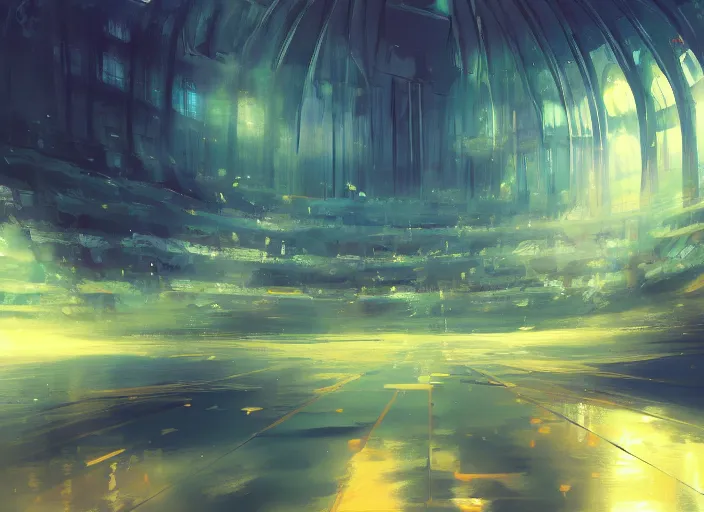 Image similar to anime background clean neat clarity professional visual development set design, large hall, dim painterly lighting volumetric aquatics, impasto, trending on pixiv