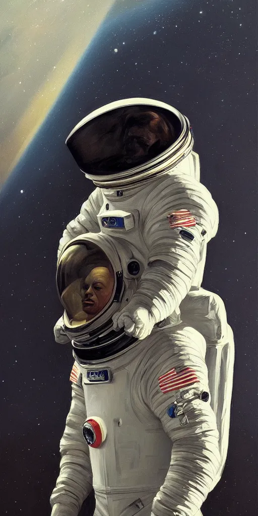 Prompt: a stunning and noble highly detailed portrait of an astronaut dissolving into dust by josep tapiro baro and edward hopper, trending on artstation, oil painting masterpiece, symmetry, mysterious, very very very aesthetic