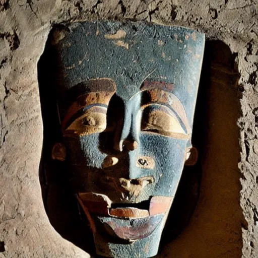 Prompt: Ancient Egyptian burial mask in the shape of troll face