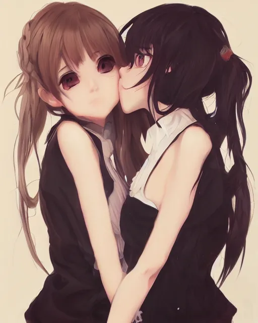 Image similar to portrait of two girls kissing, anime, drawn by WLOP, trending on Artstation