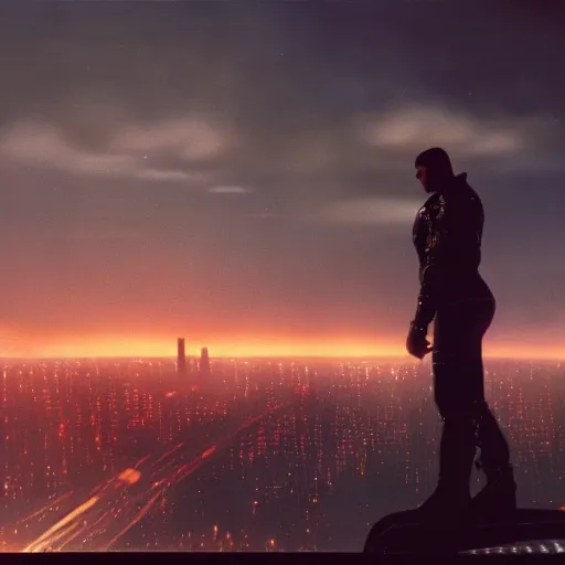 Prompt: Still of Captain Falcon watching a city skyline sunset in the movie Blade Runner, cinematic lighting, 4k