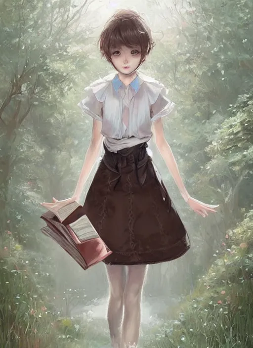 Image similar to beautiful portrait commission of a shy female furry anthro whitetail deer fursona wearing a white blouse and a knee-length skirt, holding a bookbag while walking through a college campus, intricate, elegant, highly detailed, digital painting, artstation, concept art, smooth, sharp focus, illustration, art by Krenz Cushart and Artem Demura and alphonse mucha