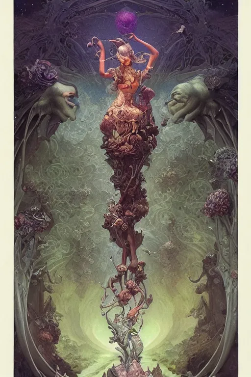 Image similar to the world, tarot card, fantasy drawing made of fractals, ultra realistic, wide angle, art nouveau, intricate details, rainbowshift, vivid colors, highly detailed by peter mohrbacher, wayne barlowe, maxfield parrish, aaron horkey, gaston bussiere, craig mullins