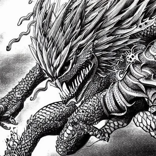 Image similar to Automaton fire dragon spirit, drawn by Kentaro Miura, ink, manga, maximalist, high detail, 8k