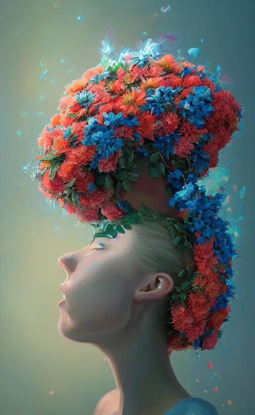 Image similar to a beautiful oil painting hyperrealism of a beautiful woman, flowers, floral headdress, 8 k resolution, octane render, trending on artstation, by gediminas pranckevicius, volumetric light 2 blue fractal thunder glow by dan mumford, anaglyph effect, laurie lipton