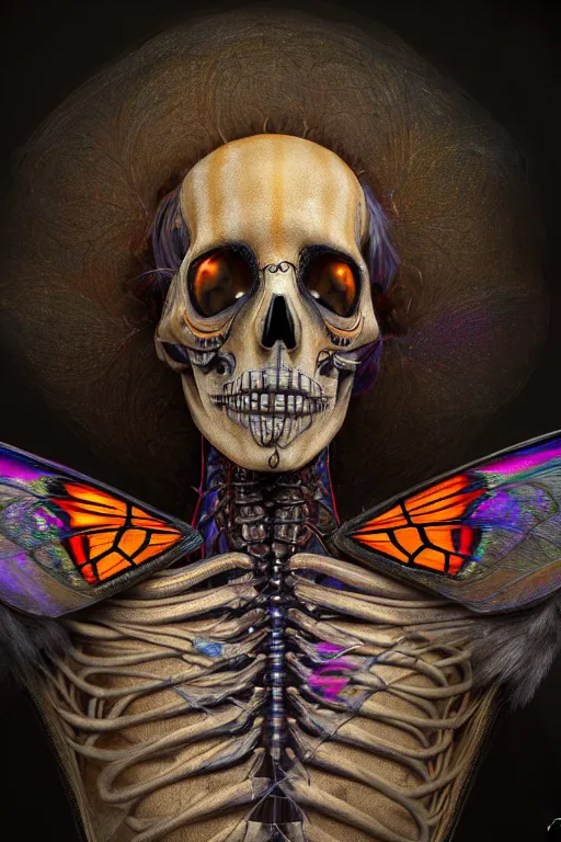 Image similar to a portrait of a skelton with moth wings, highly detailed, digital photo, hdri, by christopher bretz and john carpenter, vivid colors, high contrast, 8 k resolution, intricate, photorealistic, smooth, psychedelic color scheme, concept art, award winning, cg society contest winner