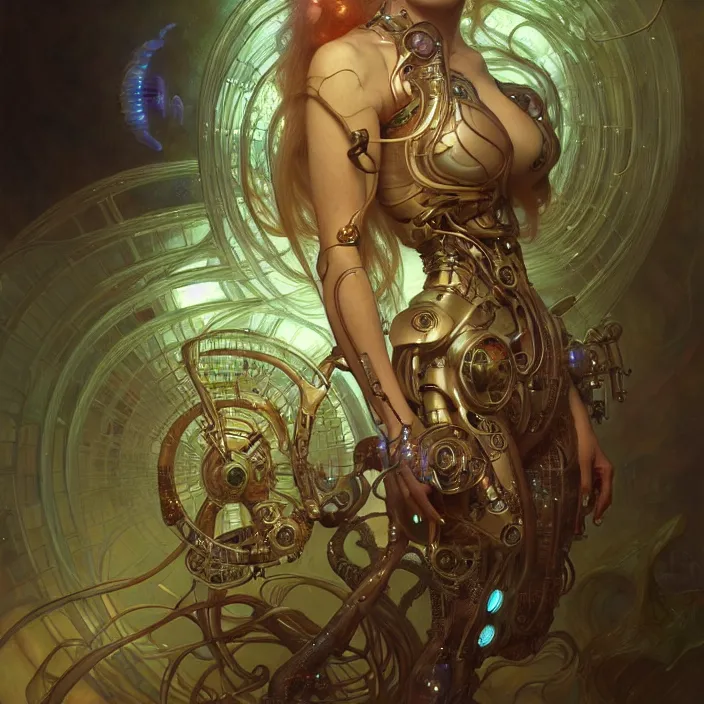 Image similar to organic cyborg, neon cuttle fish, diffuse lighting, fantasy, intricate, elegant, highly detailed, lifelike, photorealistic, digital painting, artstation, illustration, concept art, smooth, sharp focus, art by john collier and albert aublet and krenz cushart and artem demura and alphonse mucha