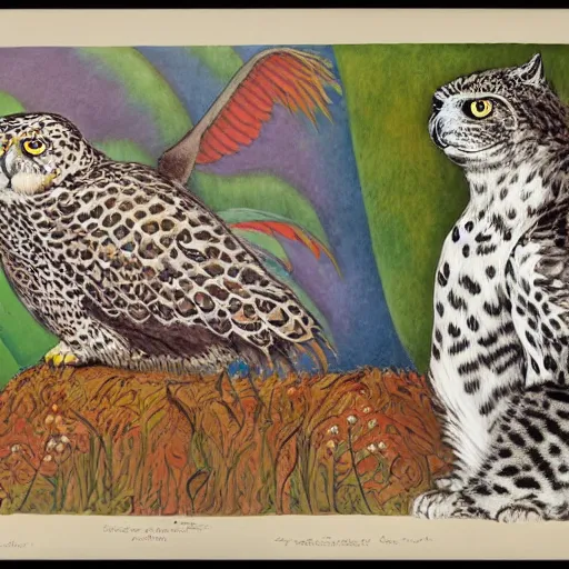 Prompt: leopard snowy owl with cat tail and four paws, gryphon, Louis William Wain watercolor, fantasy