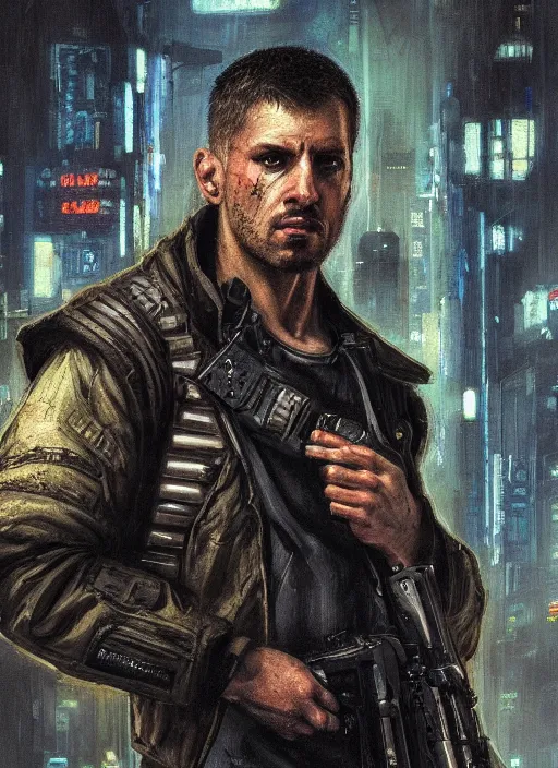 Prompt: igor. cyberpunk mercenary in a military vest ( blade runner 2 0 4 9, cyberpunk 2 0 7 7 ). orientalist portrait by john william waterhouse and james gurney and theodore ralli and nasreddine dinet, oil on canvas. cinematic, hyper realism, realistic proportions, dramatic lighting, high detail 4 k