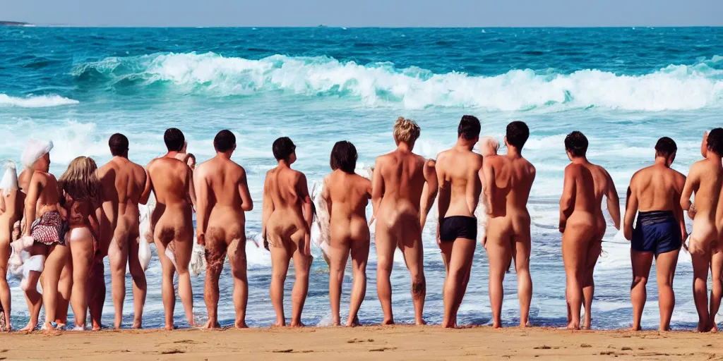 Image similar to a group of beautiful looking people bathing on the beach with big waves in the background all dressed