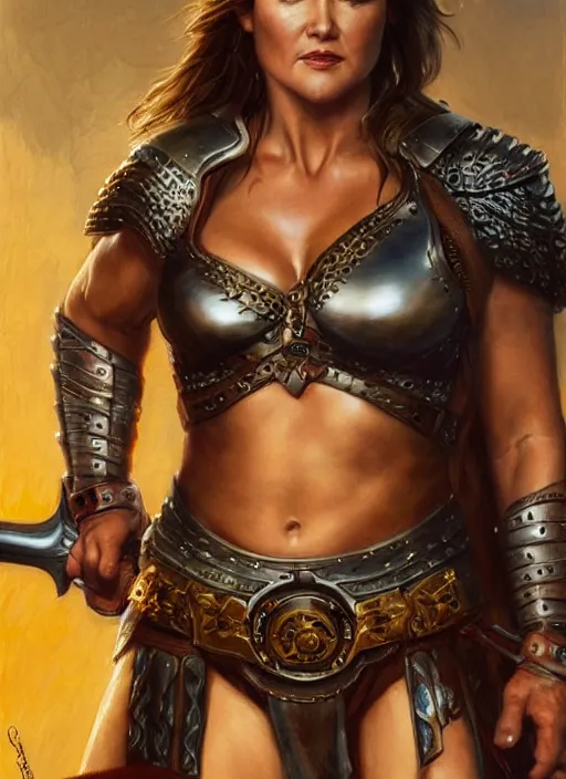 Image similar to Lucy Lawless as Xena as a ruggedly handsome hero holding an enormous large dual wielding sword, intricate, elegant, highly detailed, centered, digital painting, artstation, concept art, smooth, sharp focus, illustration, artgerm, donato giancola, Joseph Christian Leyendecker, WLOP, Boris Vallejo, Artgerm