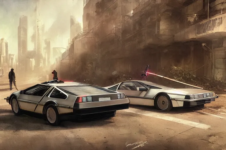 Image similar to photograph of the delorean, with a sleek spoiler, driving down the streets of a cyberpunk abandoned city, by greg rutkowski, by stanley artgerm, by alphonse mucha