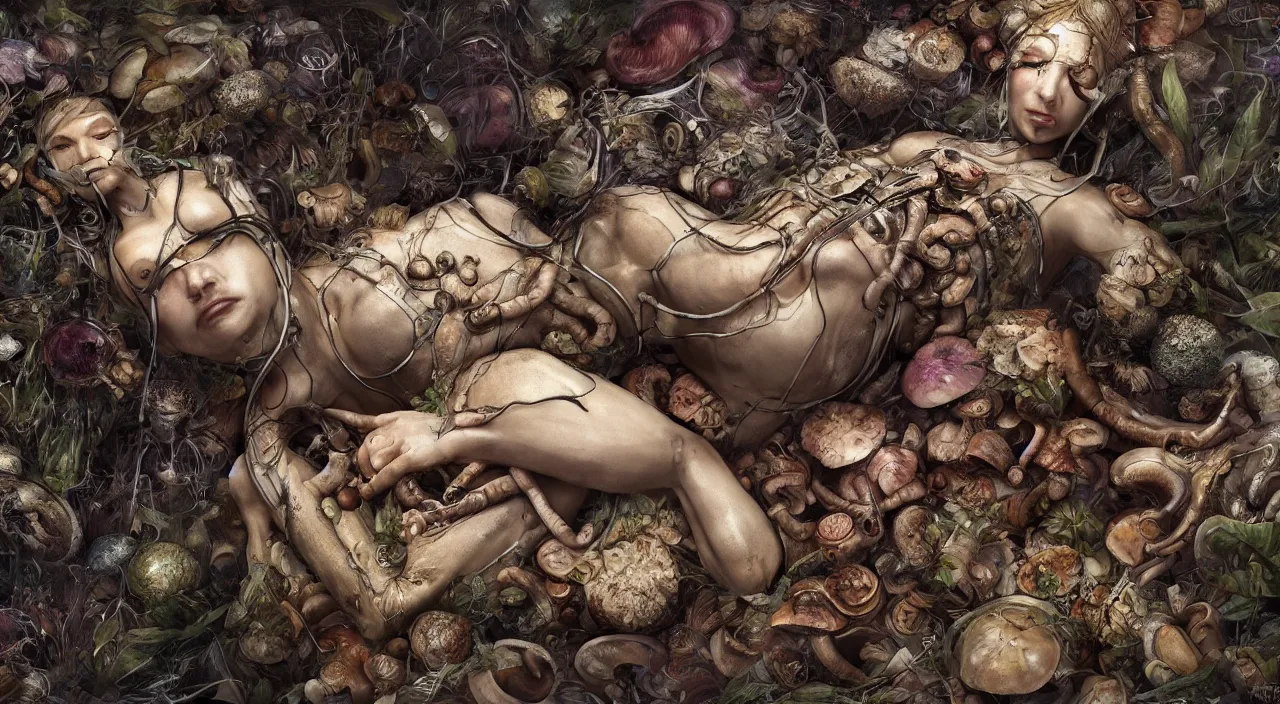 Image similar to a bio - mechanical sleeping giant woman with mushrooms as camouflage highly detailed, cinematic, perfect face, cyberpunk, fine details, studio lighting, subtle shadows, art by katsuya terada and hieronymus bosch, photo - realism, hyper realism, octane render