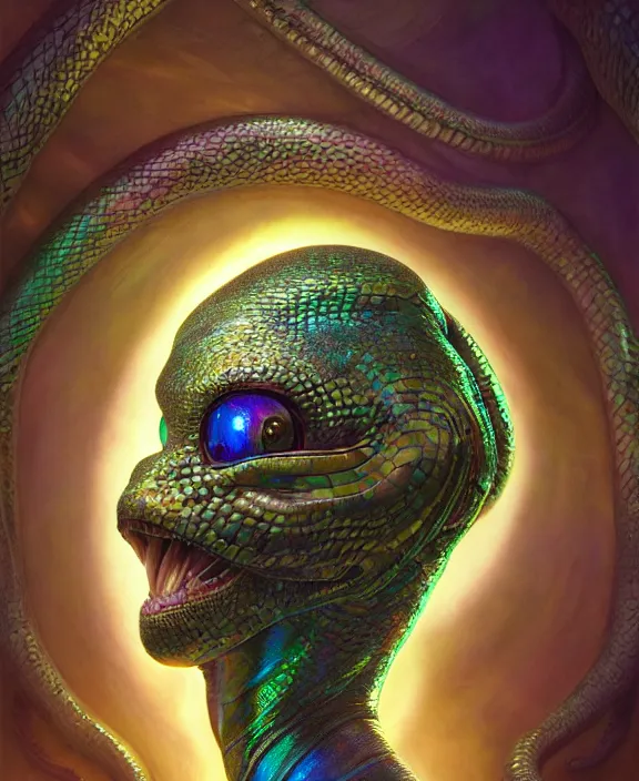 Image similar to intricate iridescent portrait of a disturbing beautiful alien snake creature, mottling coloring, adorable, childlike, medical equipment hospital environment, ultra realistic, concept art, art nouveau, photorealistic, octane render, 8 k, unreal engine. art by christopher marley and artgerm and greg rutkowski and alphonse mucha