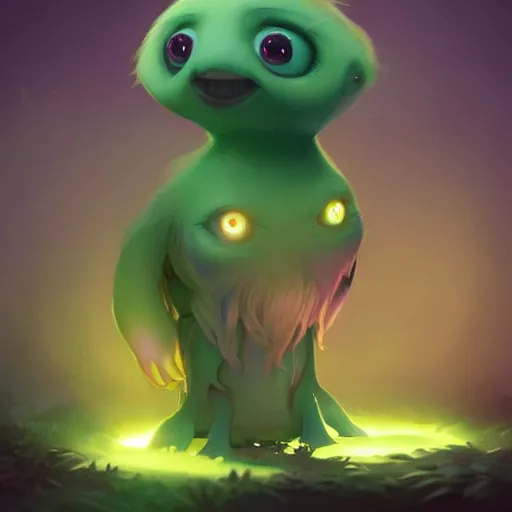 Image similar to adorable glowing creature, trending on artstation, cute, big eyes, matte painting, concept art, pixar, disney, highly detailed, cinematic composition