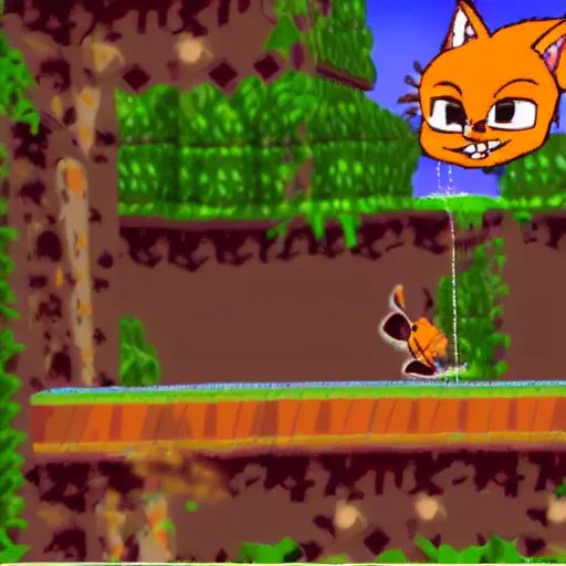 Image similar to Bubsy the Bobcat falling from a great height on to spikes, screenshot from the Atari Jaguar 1999, upward facing camera