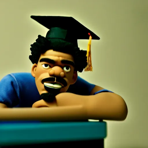 Image similar to a cinematic film still of a claymation stop motion film starring chance the rapper as a college student, shallow depth of field, 8 0 mm, f 1. 8