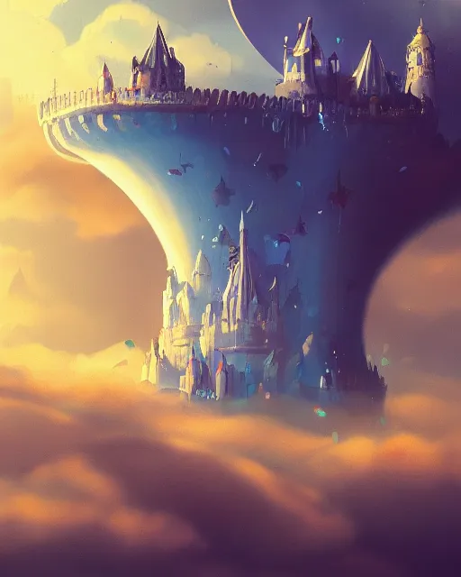 Image similar to flying cloud castle, bubble buildings, illustration, bright, blue sky, mountains, colorful, cinematic lighting, fantasy, high detail, masterpiece, artstation, 4 k, art by wylie beckert