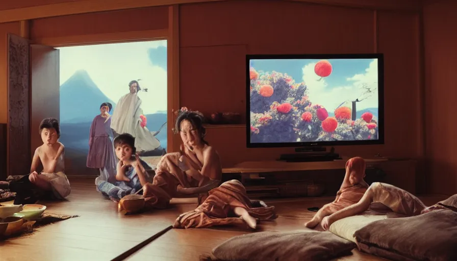 Prompt: movie still by alejandro jodorowsky of a beautiful day in a family living room in kyoto japan, visible magic energy, a portal pulling a family into the tv, cinestill 8 0 0 t eastmancolor technicolor, high quality, very detailed, heavy grain, fine facial features, 8 k, octane render